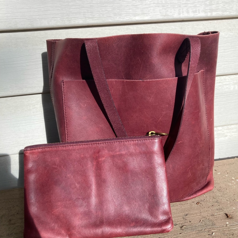 Madewell Deep Red Leather Tote and Pouch Set